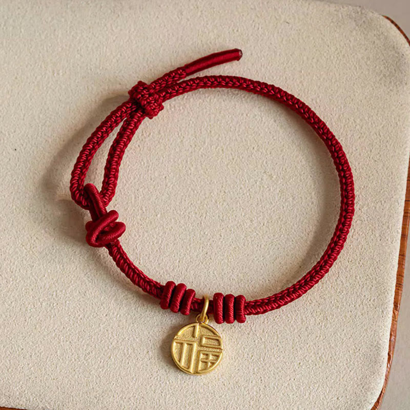 Mythstone Handmade Eight Thread Peace Knot Fu Character Charm Luck Happiness Red Rope Bracelet