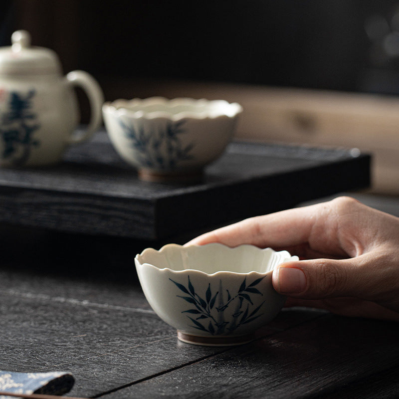 Mythstone Small Blue Bamboo Leaves Ceramic Teacup Kung Fu Tea Cup Bowl