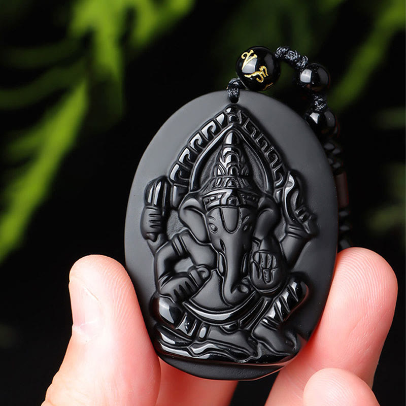 Mythstone Tibetan Obsidian Ganesh Ganpati Elephant Wealth Amulet Necklace