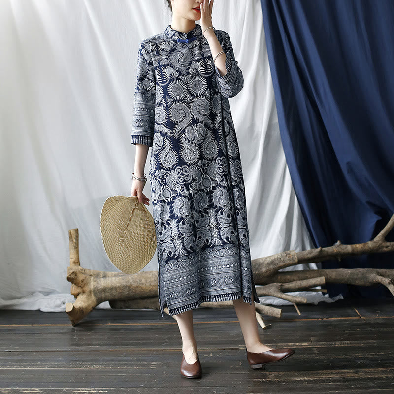 Mythstone Blue White Flower Frog-button Midi Dress Three Quarter Sleeve Linen Batik Dress With Pockets