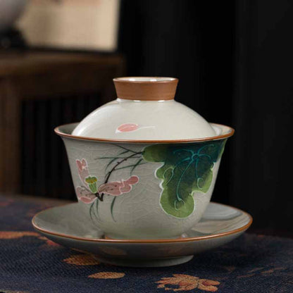 Mythstone Lotus Koi Fish Pod Leaf Ceramic Gaiwan Sancai Teacup Kung Fu Tea Cup And Saucer With Lid 140ml