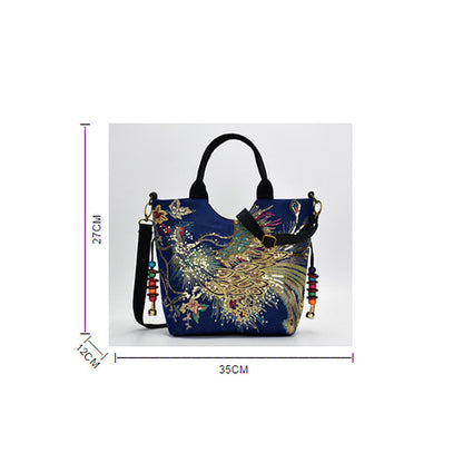 Mythstone Peacock Double-sided Embroidery Tote Bag Shoulder Bag Crossbody Bag