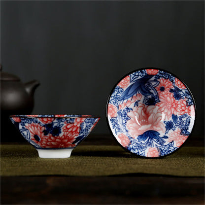 Mythstone Flowers Fu Character Mountains Lotus Cherry Blossoms Ceramic Teacup Kung Fu Tea Cup