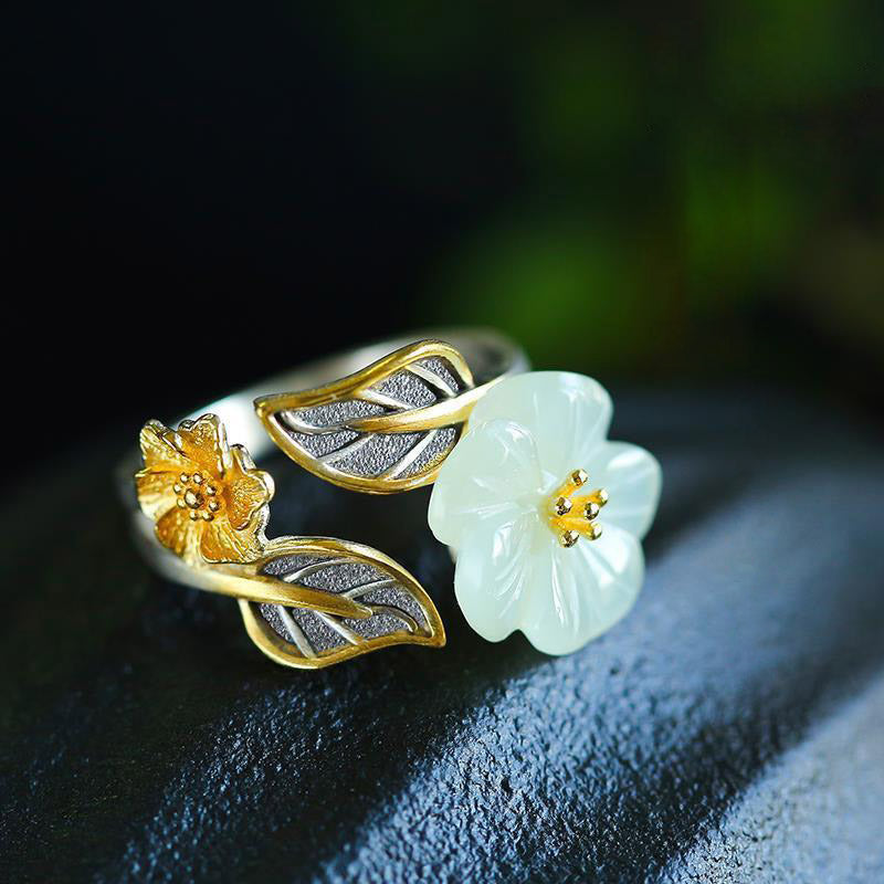 Mythstone 925 Silver Plated Copper White Jade Plum Flower Leaf Luck Ring