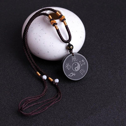 Mythstone Natural Black Obsidian Taoism Five Sacred Mountains Nine-Character Mantra Carved Strength Yin Yang Necklace Pendant Key Chain