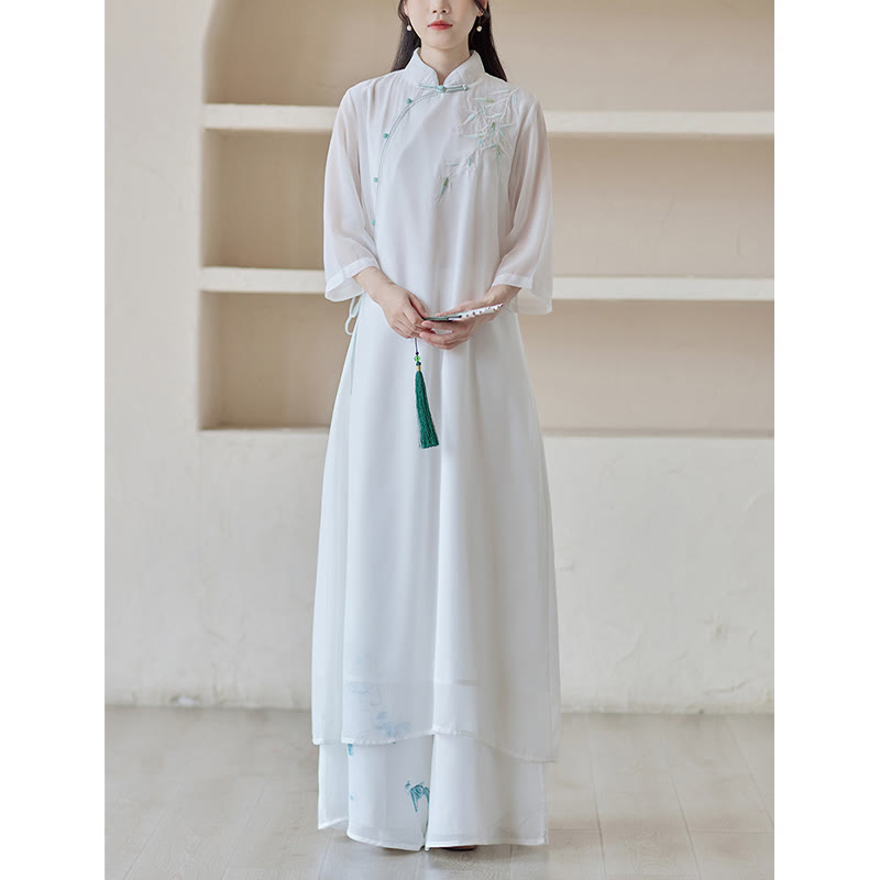 Mythstone Bamboo Cheongsam Dress Midi Dress Wide Leg Pants Meditation Spiritual Zen Practice Clothing