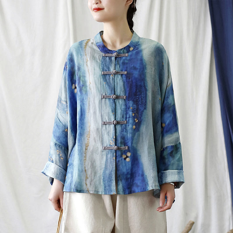 Mythstone Blue White Beige Small Flower Frog-button Design Long Sleeve Ramie Linen Jacket Shirt