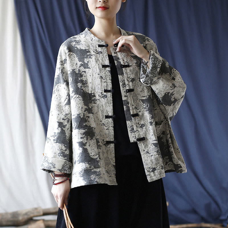 Mythstone Black Gray Print Frog-button Design Long Sleeve Cotton Linen Jacket Shirt With Pockets