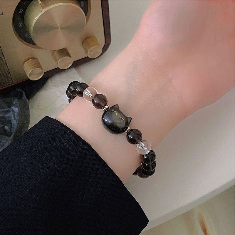 Pulsera positiva con lindo gato y obsidiana plateada con brillo de hielo natural de Mythstone