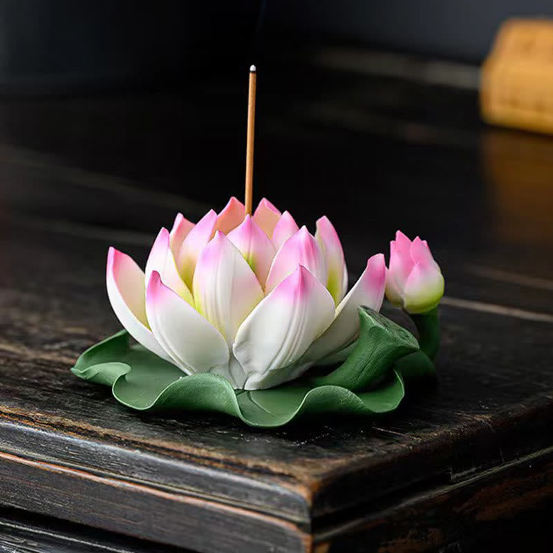 Mythstone Lotus Flower Leaf Pod Spiritual Healing Ceramic Stick Incense Burner Decoration