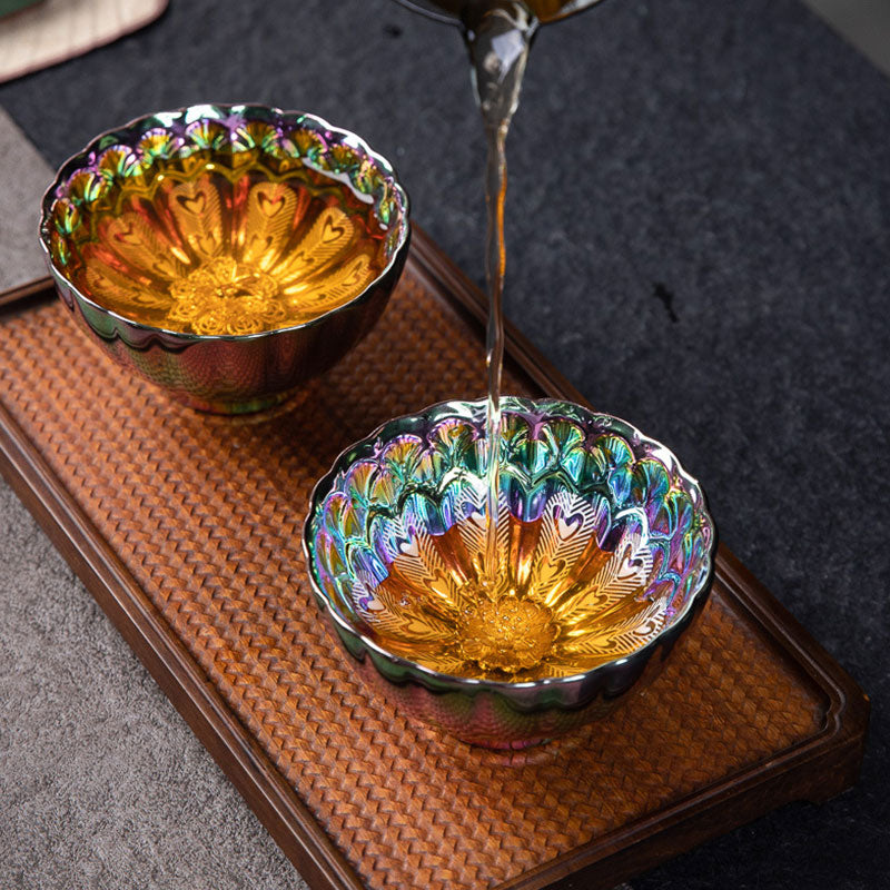 Mythstone Peacock Lotus Feathers Gold Inlaid Rainbow Color Jianzhan Ceramic Teacup Kung Fu Tea Cup