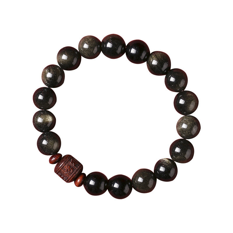 Pulsera curativa con personaje Om Mani Padme Hum Fu y obsidiana arcoíris con brillo dorado natural de Mythstone 