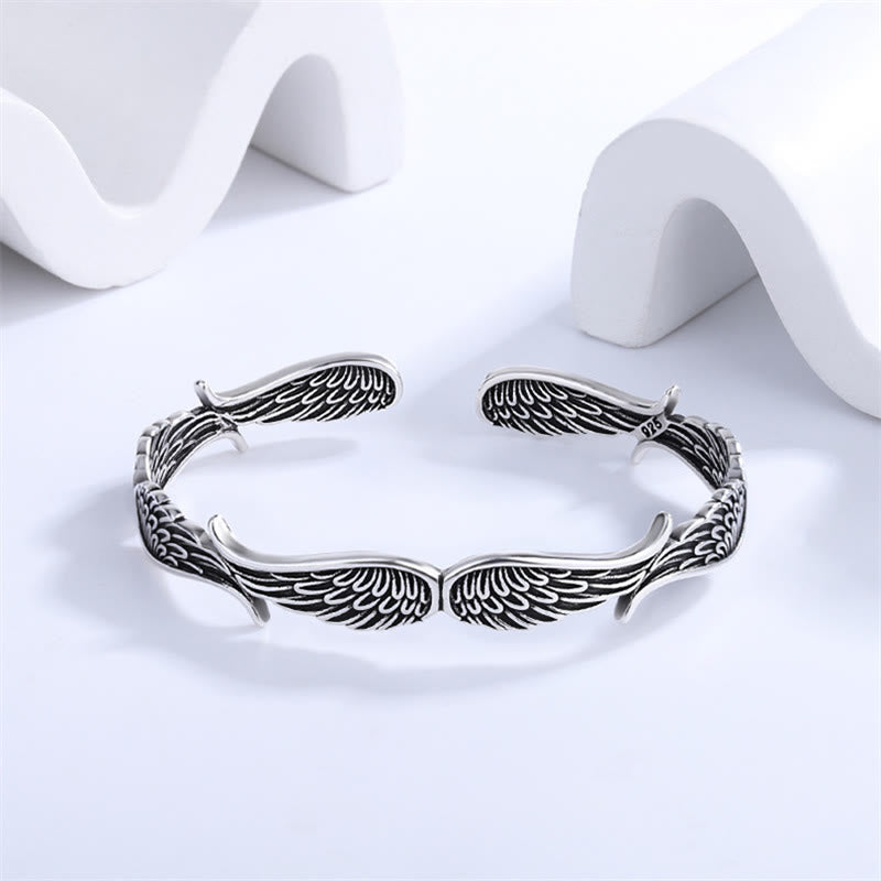 Mythstone Angel Wings Feather Pattern Carved Luck Cuff Bracelet Bangle