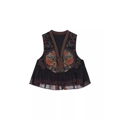 Mythstone Vintage Peony Flowers Embroidery Design Sleeveless Vest