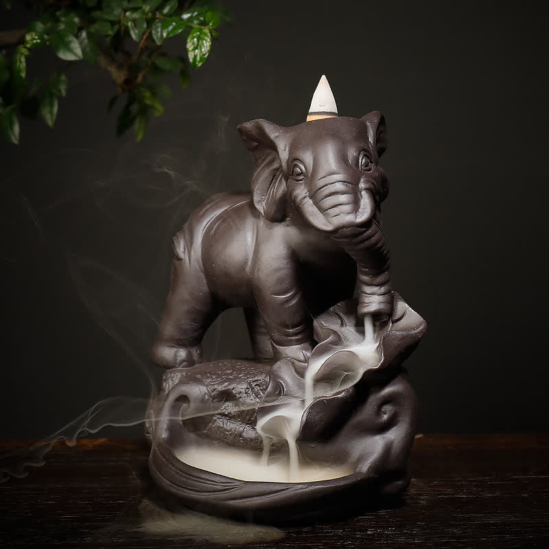 Mythstone Tibetan Elephant Purple Clay Backflow Smoke Fountain Peace Healing Incense Burner Decoration