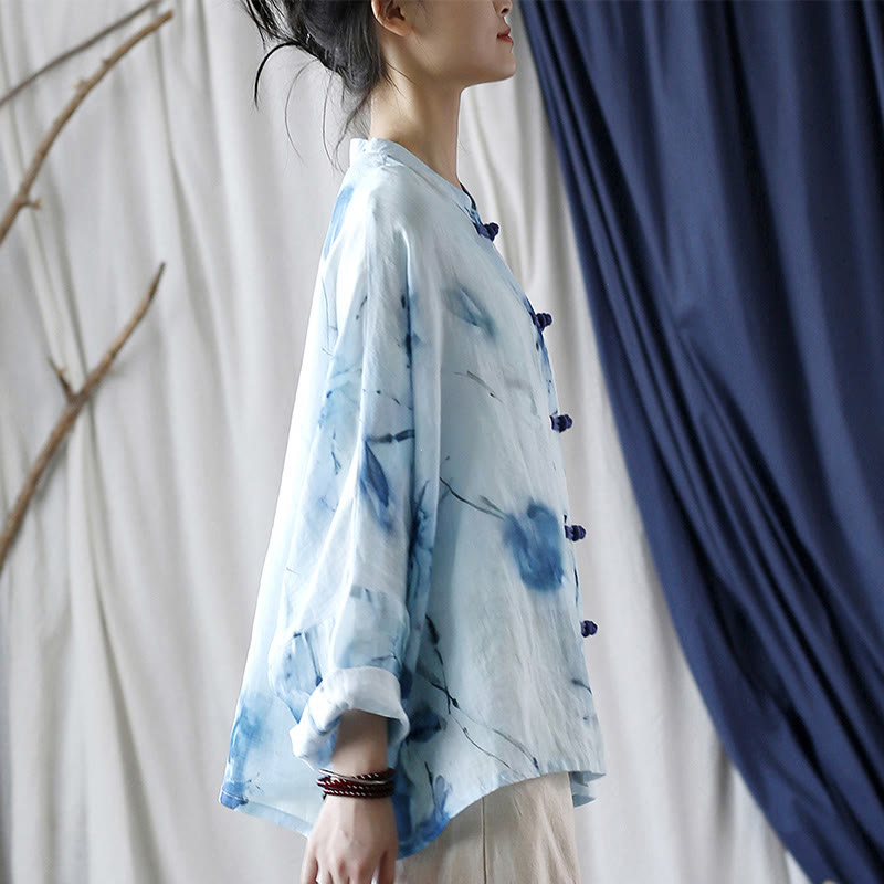 Mythstone Tie Dye Blue Flowers Frog-Button Design Long Sleeve Ramie Linen Jacket Shirt