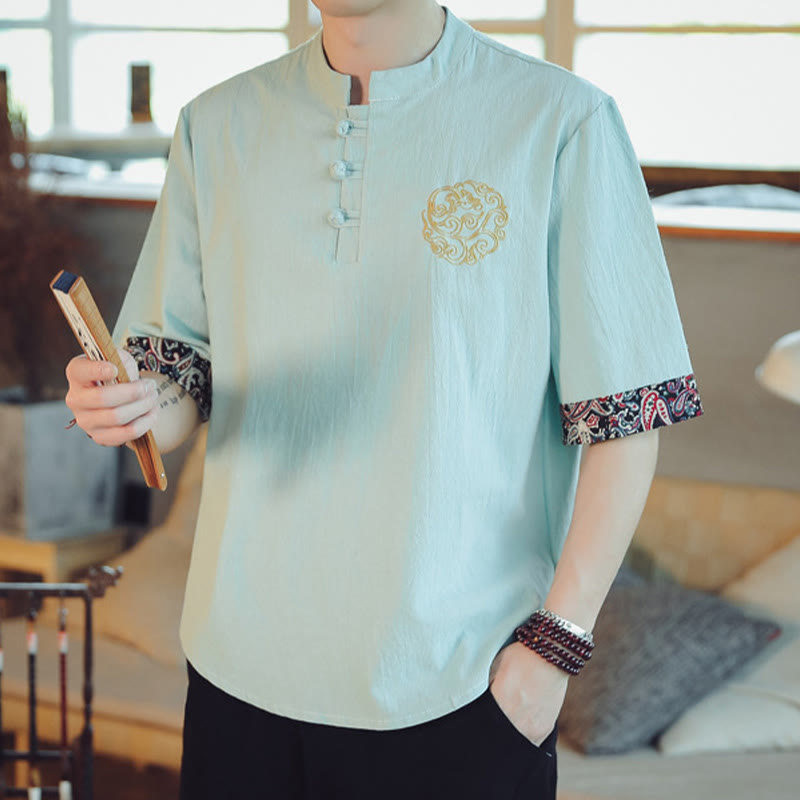 Mythstone Frog-Button Dragon Embroidery Chinese Tang Suit Short Sleeve Shirt Linen Men Clothing