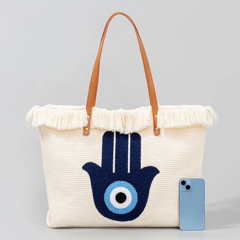 Mythstone Large Capacity Evil Eye Leaf Hamsa Tassel Canvas Tote Shoulder Bag