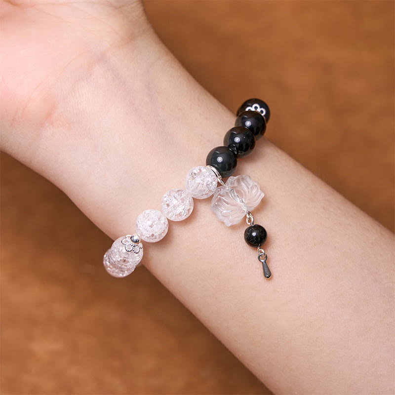 Mythstone Silver Sheen Obsidian Crackle Clear Quartz Black Rutilated Quartz Yin Yang Lotus Protection Bracelet