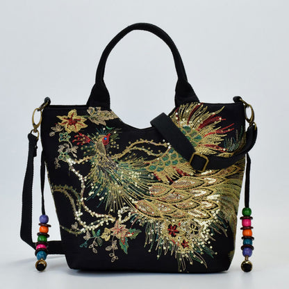 Mythstone Peacock Double-sided Embroidery Tote Bag Shoulder Bag Crossbody Bag