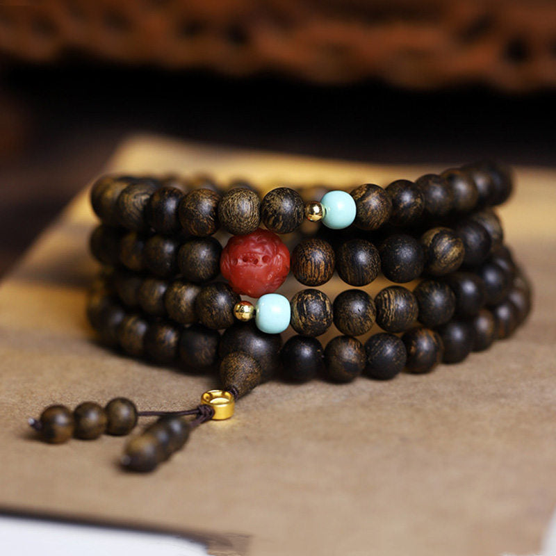 Mythstone 108 Mala Beads Agarwood Red Agate Turquoise Peace Meditation Bracelet