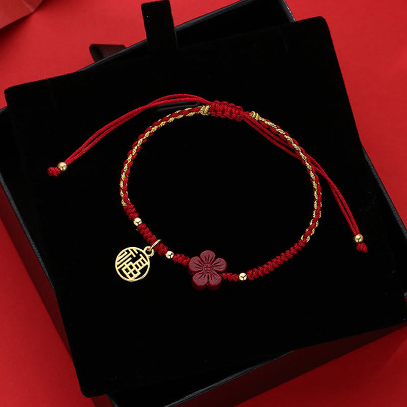 Mythstone Cinnabar Flower Fu Character Blessing Braided String Bracelet