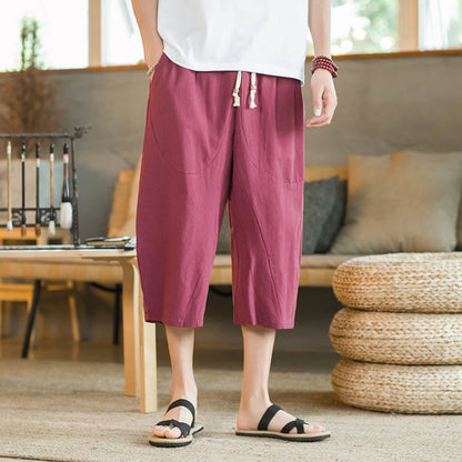 Mythstone Solid Color Mid-Length Wide Leg Pants Cotton Men's Wide Leg Pants With Pockets