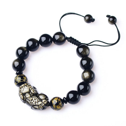 Mythstone Natural Gold Sheen Obsidian PiXiu Om Mani Padme Hum Wealth Braided Bracelet