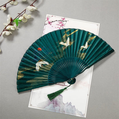 Mythstone Flying White Crane Sun Cloud Handheld Silk Bamboo Folding Fan 22cm