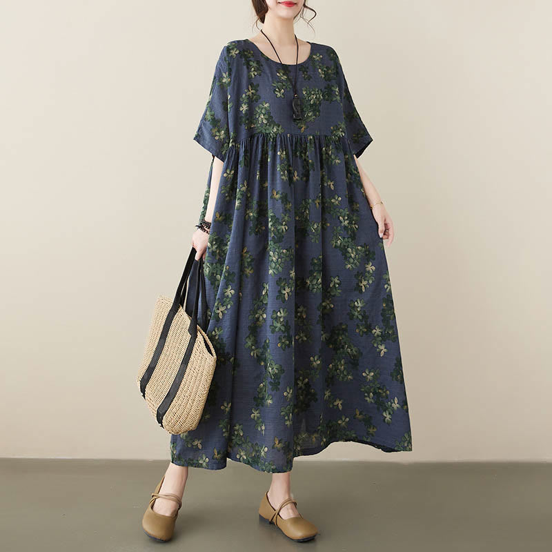 Mythstone Blue Brown Flowers Midi Dress Cotton Half Sleeve Tunic Dress With Pockets