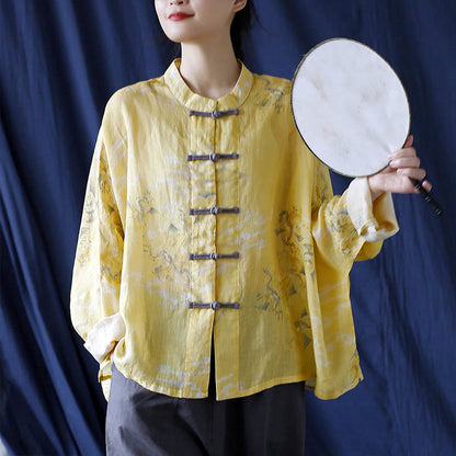 Mythstone Yellow Phoenix Print Frog-button Design Long Sleeve Ramie Linen Jacket Shirt