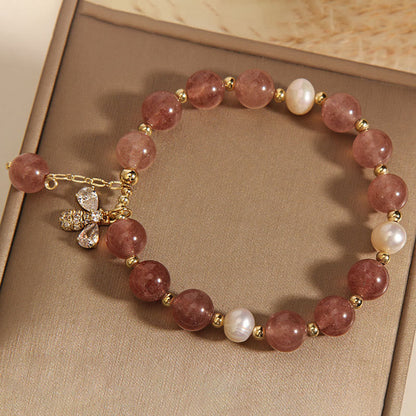 Mythstone Strawberry Quartz Pearl Cute Zircon Honeybee Positive Charm Bracelet