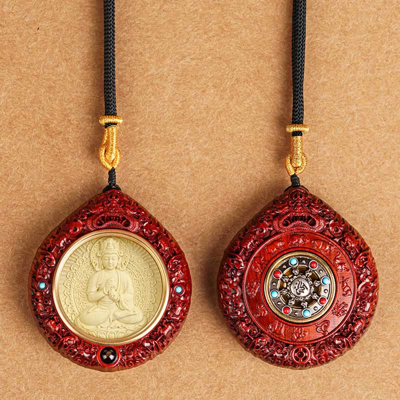 Mythstone Chinese Zodiac Avalokitesvara Small Leaf Red Sandalwood Ebony Longevity Necklace Pendant