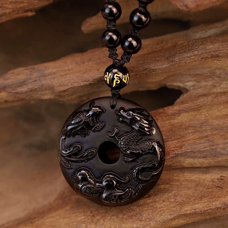 Mythstone Black Obsidian Dragon Phoenix Mandarin Duck Luck Protection Necklace Pendant