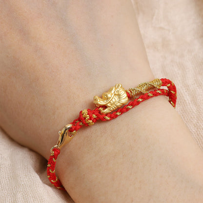 Pulsera trenzada de hilo rojo con nudo de ocho hilos y dragón de la suerte hecha a mano en plata de ley 999 de Mythstone