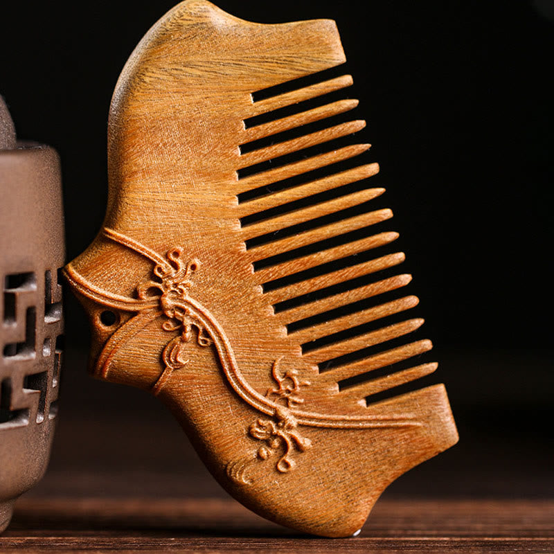 Mythstone Green Sandalwood Flower Pattern Engraved Soothing Comb