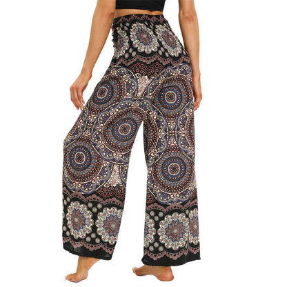 Mythstone Boho Mandala Print Lace-up Wide Leg Pants Women's Yoga Pants