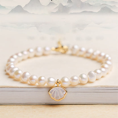 Mythstone 14K Gold Plated Natural Pearl Crystal Shell Charm Bead Bracelet