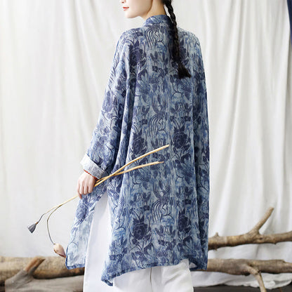 Mythstone Blue Flowers Butterfly Frog-Button Long Sleeve Ramie Linen Jacket Shirt With Pockets