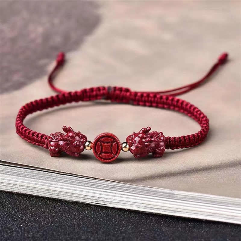 Mythstone Cinnabar PiXiu Blessing Copper Coin Peace Buckle Red String Bracelet