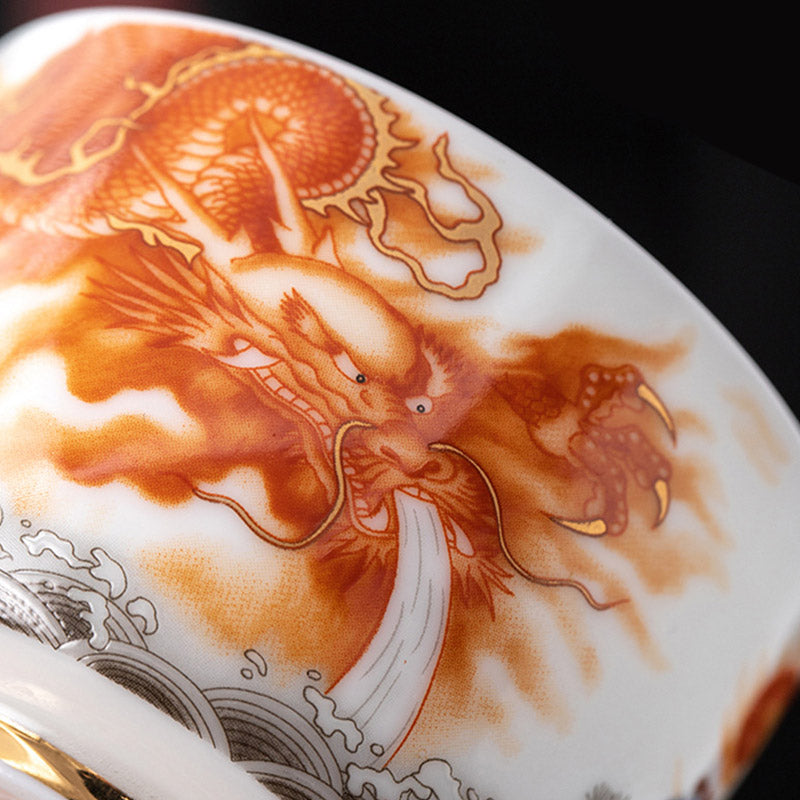 Mythstone Dragon Phoenix Crane Sun Ocean Waves Gilt Ceramic Teacup Kung Fu Tea Cup 170ml