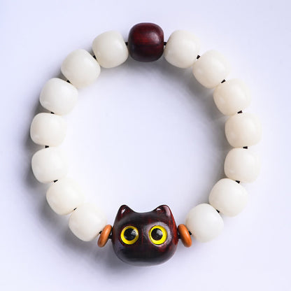 Pulsera de la sabiduría del gato de la suerte con hojas pequeñas de semilla de Bodhi natural de Mythstone, sándalo rojo y madera de ébano 