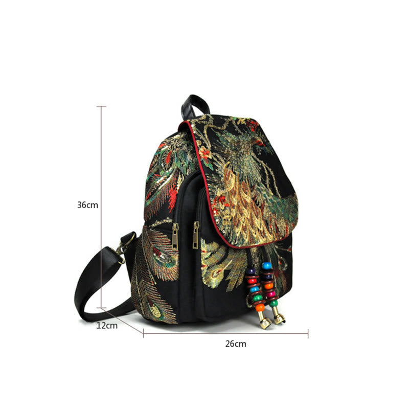 Mythstone Peacock Embroidery Canvas Tassel Backpack