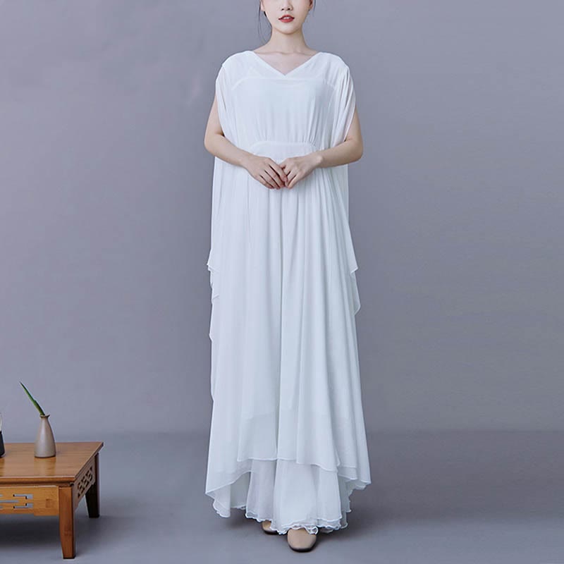 Mythstone 2Pcs Plain Midi Dress Skirt Chiffon Dance Zen Clothing Women's Set