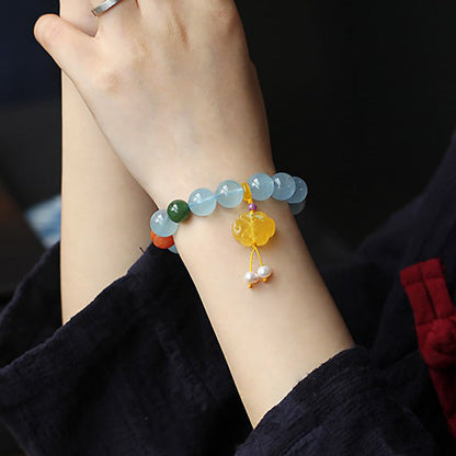 Mythstone Natural Aquamarine Amber Chinese Knotting Charm Peace Bracelet