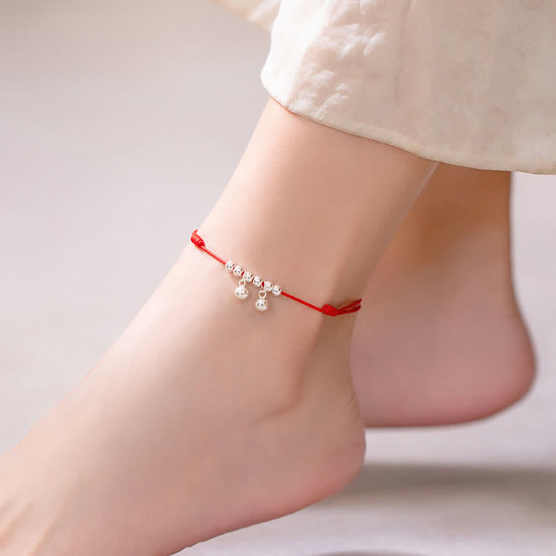 Mythstone 925 Sterling Silver Red String Braid Bell Charm Anklet