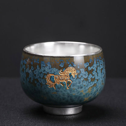 Mythstone 999 Gilt Silver Gilt Chinese Zodiac Ceramic Teacup Kung Fu Tea Cup 160ml