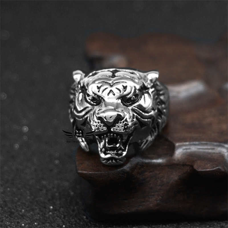 Mythstone Men's Animal Tiger Head Titanium Steel Balance Calm Punk Rock Biker Ring