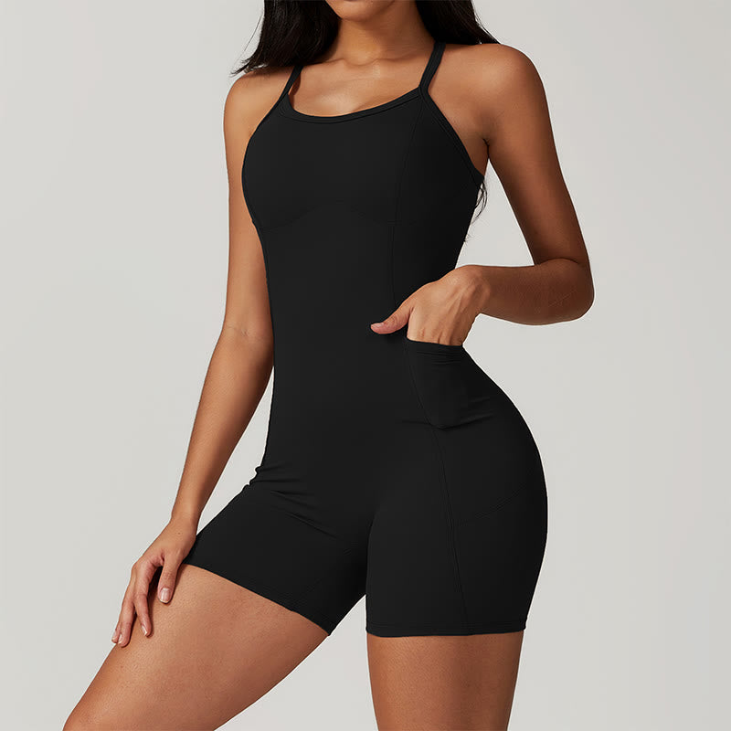 Mythstone Backless Criss-Cross Strap Jumpsuit Romper Sports Fitness Yoga Women Bodysuit With Pockets