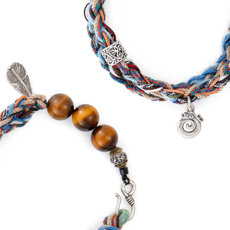 Mythstone 925 Sterling Silver Tiger's Eye Colorful Cotton Rope Handmade Willpower Bracelet